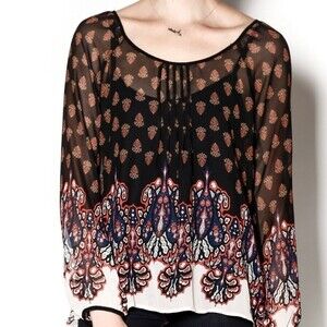 blu pepper boHo print semi sheer long sleeve top size small